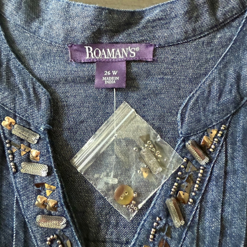 ROAMAN'S® Women’s Plus Long Sleeve Denim Cotton Beaded Blouse Size 26 W - Picture 8 of 10